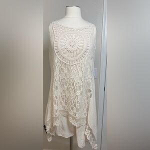 Boho Cream Crochet Lace Asymmetrical Sleeveless Dress w/ Liner. Made in Italy